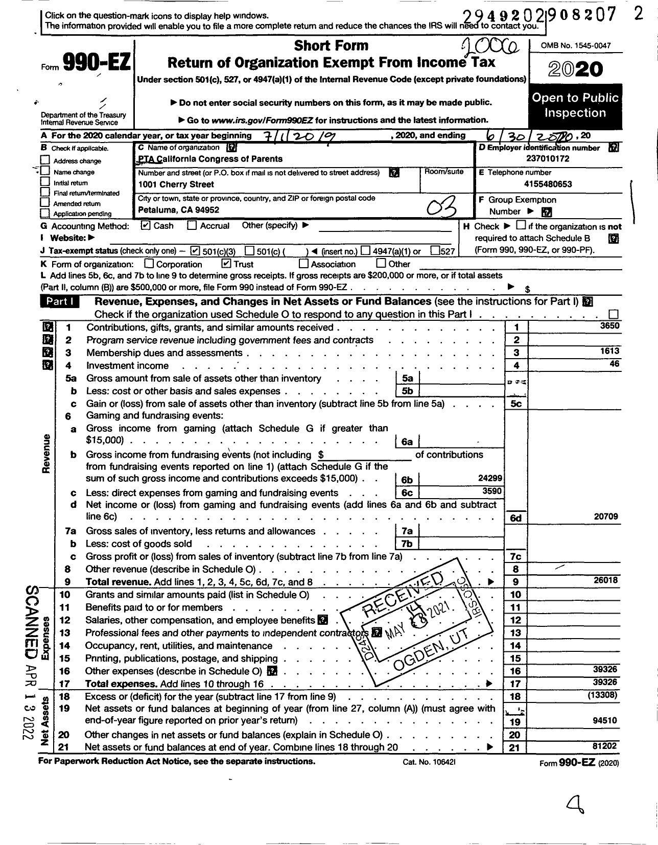 Image of first page of 2019 Form 990EZ for California State PTA - Mary Collins Charter School at Cherry Valley PTA