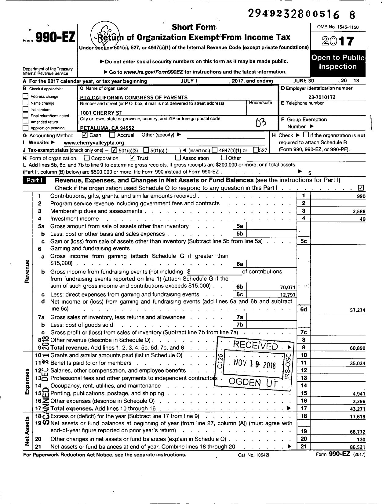 Image of first page of 2017 Form 990EZ for California State PTA - Mary Collins Charter School at Cherry Valley PTA