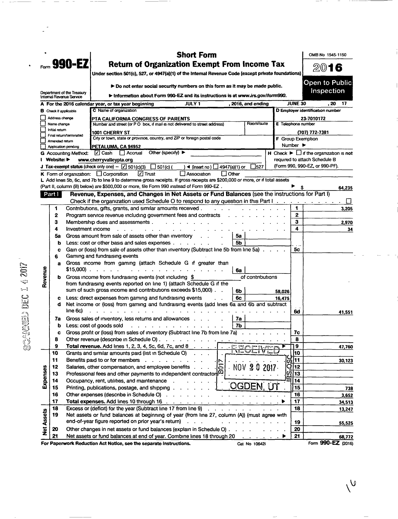 Image of first page of 2016 Form 990EZ for California State PTA - Mary Collins Charter School at Cherry Valley PTA