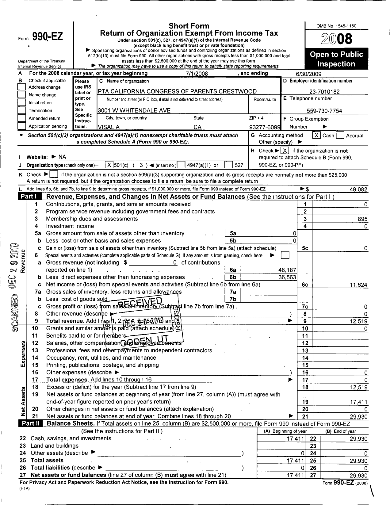 Image of first page of 2008 Form 990EZ for California State PTA - Crestwood Elementary PTA