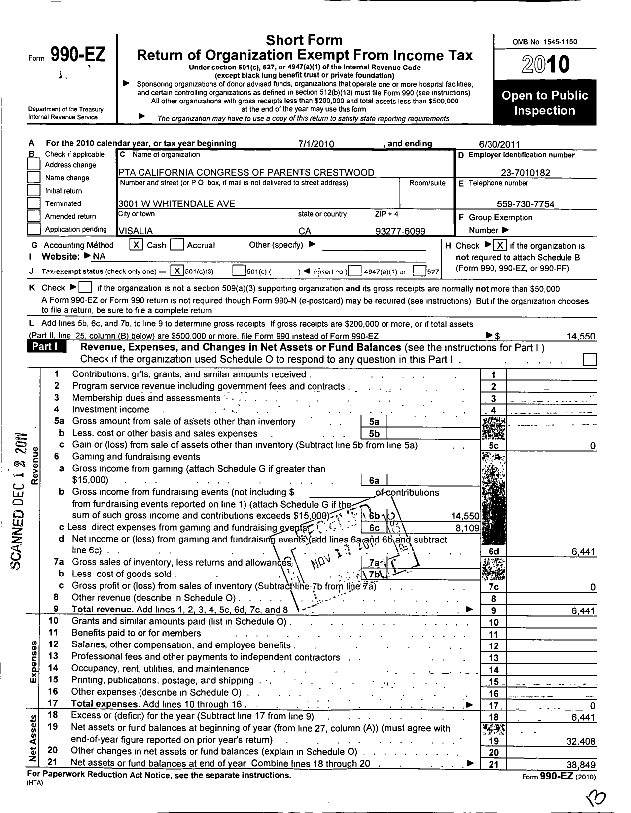 Image of first page of 2010 Form 990EZ for California State PTA - Crestwood Elementary PTA