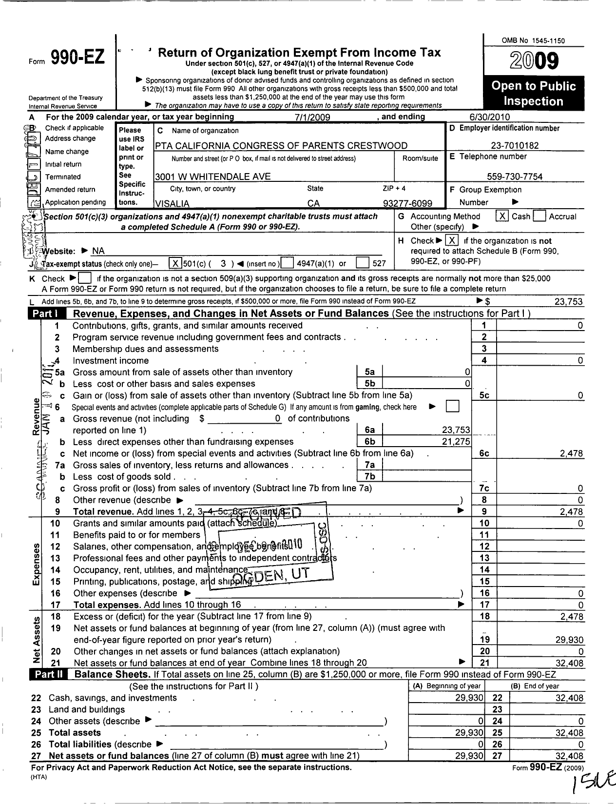 Image of first page of 2009 Form 990EZ for California State PTA - Crestwood Elementary PTA