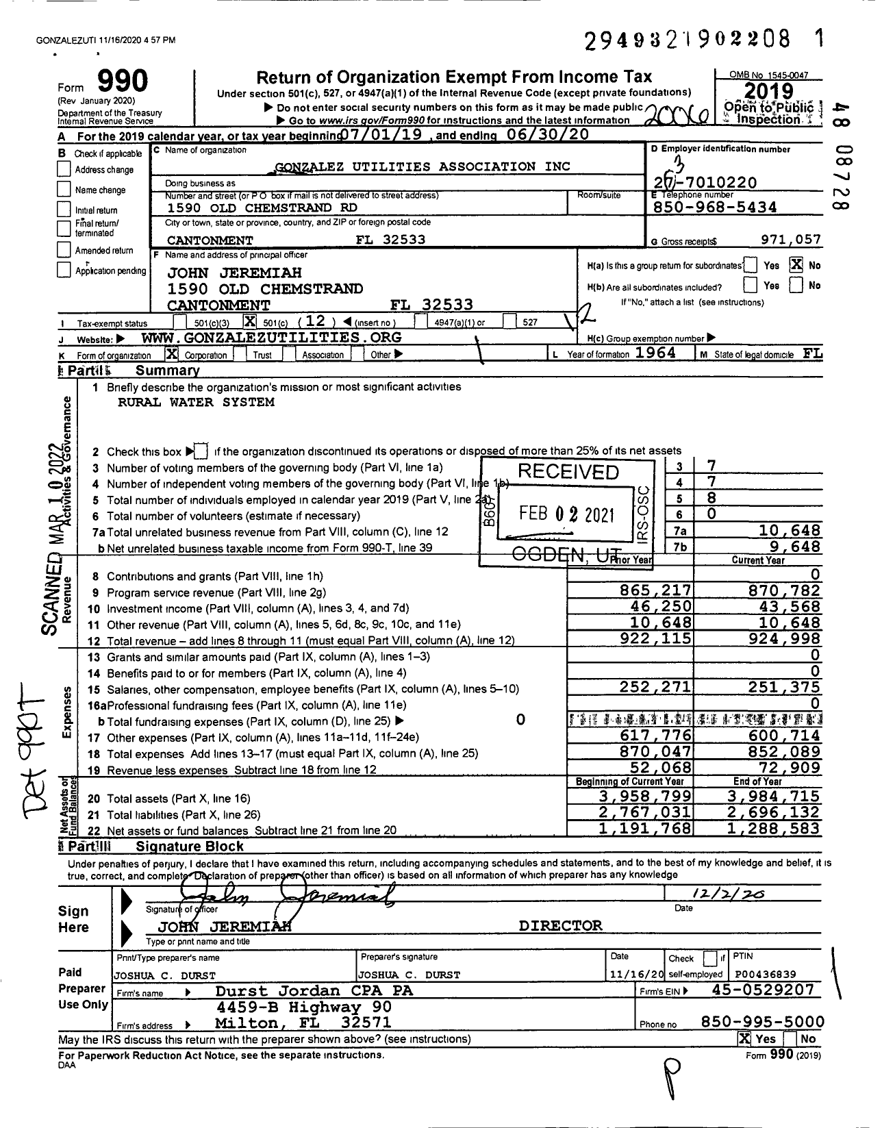 Image of first page of 2019 Form 990O for Gonzalez Utilities Association