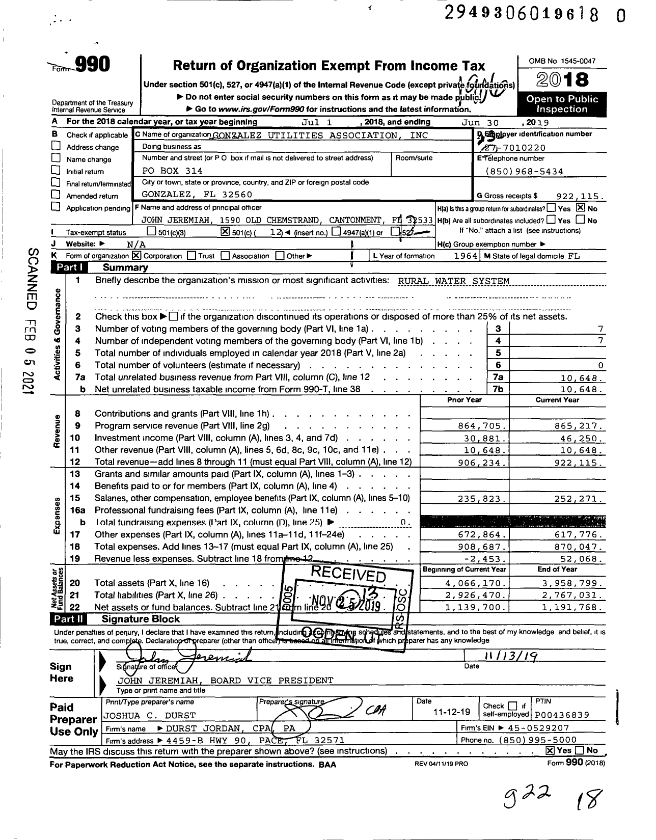 Image of first page of 2018 Form 990O for Gonzalez Utilities Association