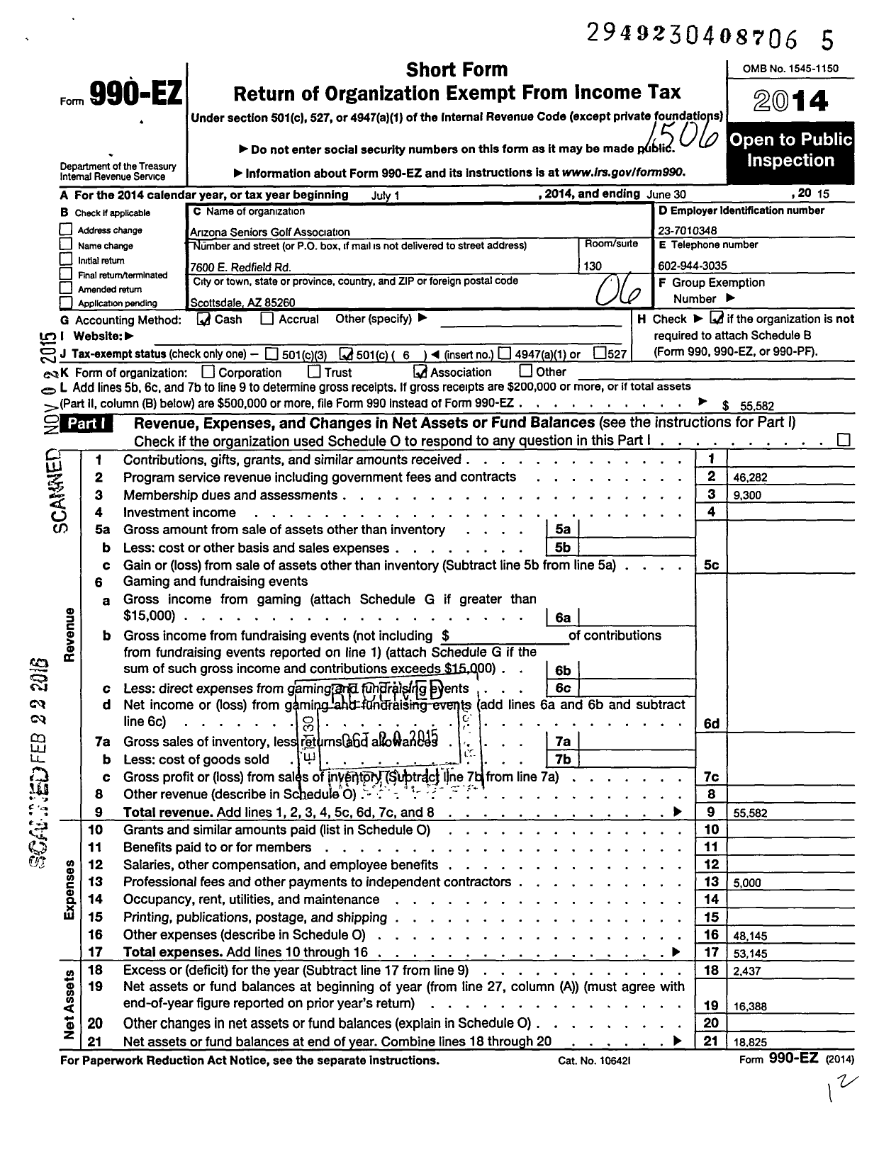 Image of first page of 2014 Form 990EO for Arizona Seniors Golf Association