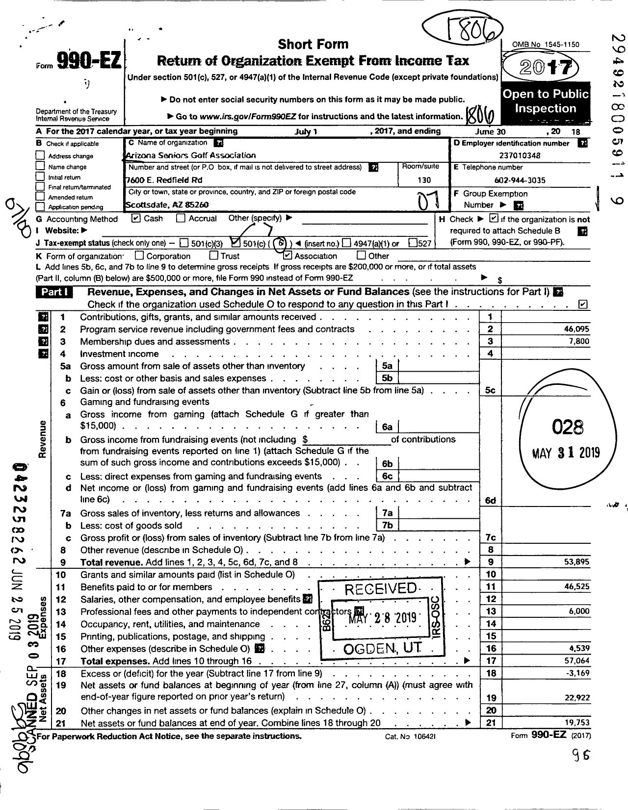 Image of first page of 2017 Form 990EO for Arizona Seniors Golf Association