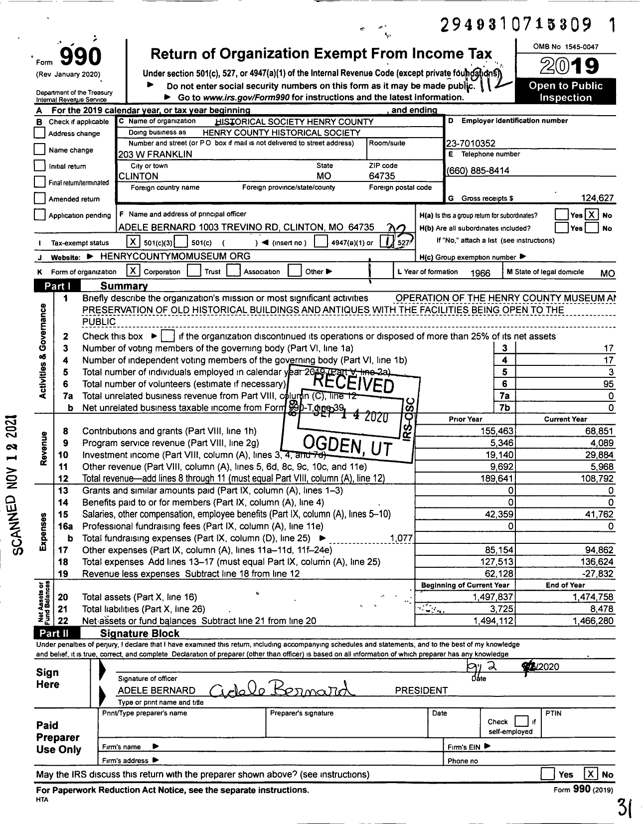 Image of first page of 2019 Form 990 for Henry County Historical Society