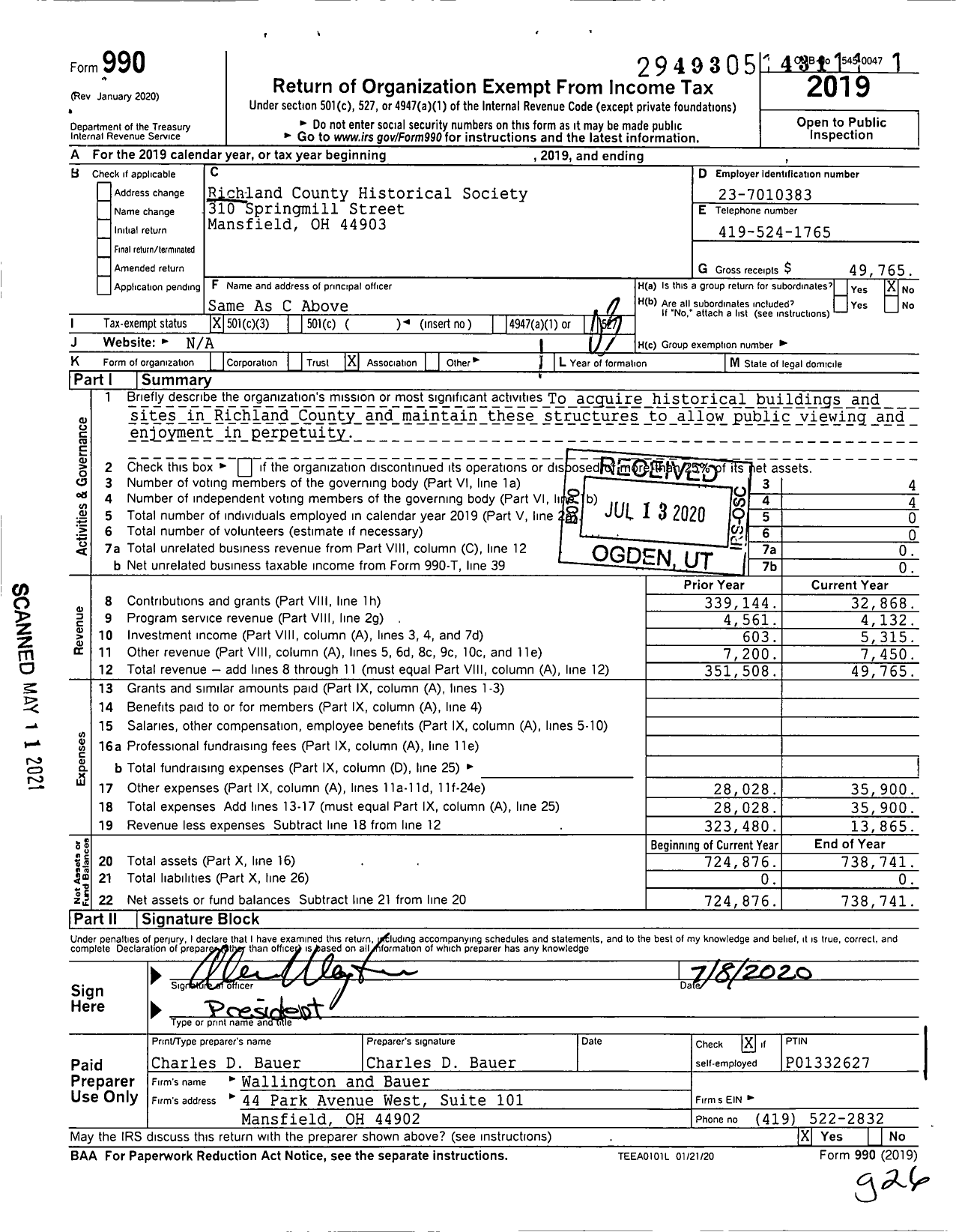 Image of first page of 2019 Form 990 for Richland County Historical Society