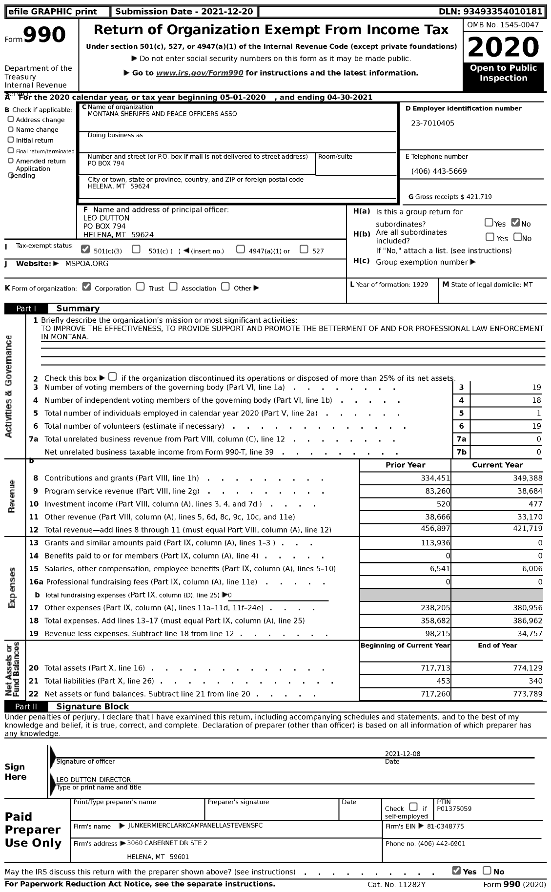 Image of first page of 2020 Form 990 for Montana Sheriffs and Peace Officers Association