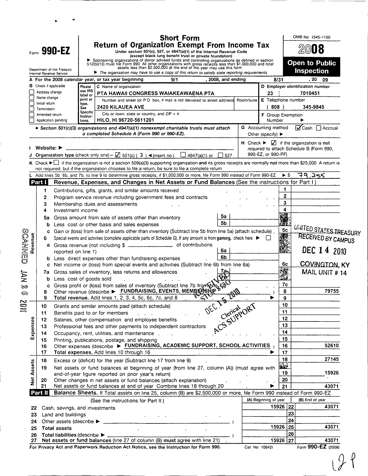 Image of first page of 2008 Form 990EZ for PTA Hawaii Congress / Waiakeawaena PTA