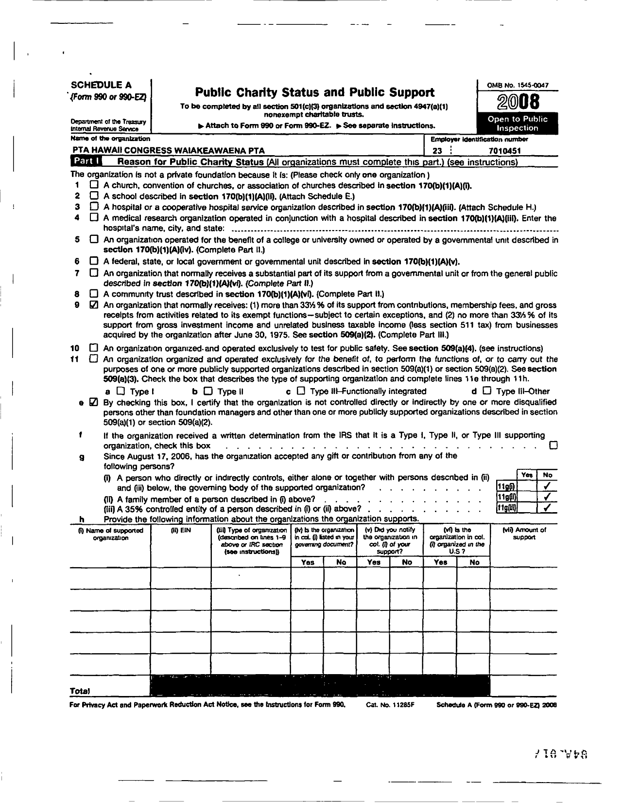 Image of first page of 2007 Form 990ER for PTA Hawaii Congress / Waiakeawaena PTA