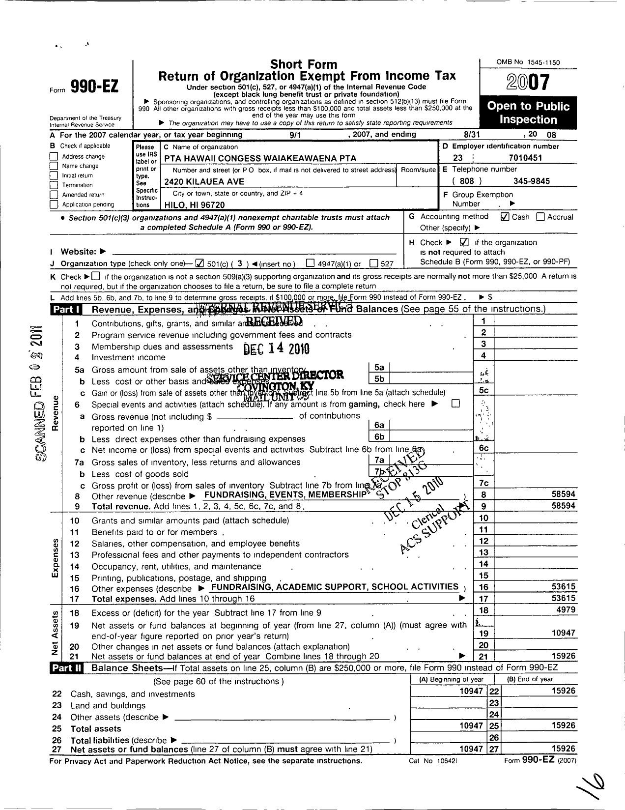 Image of first page of 2007 Form 990EZ for PTA Hawaii Congress / Waiakeawaena PTA