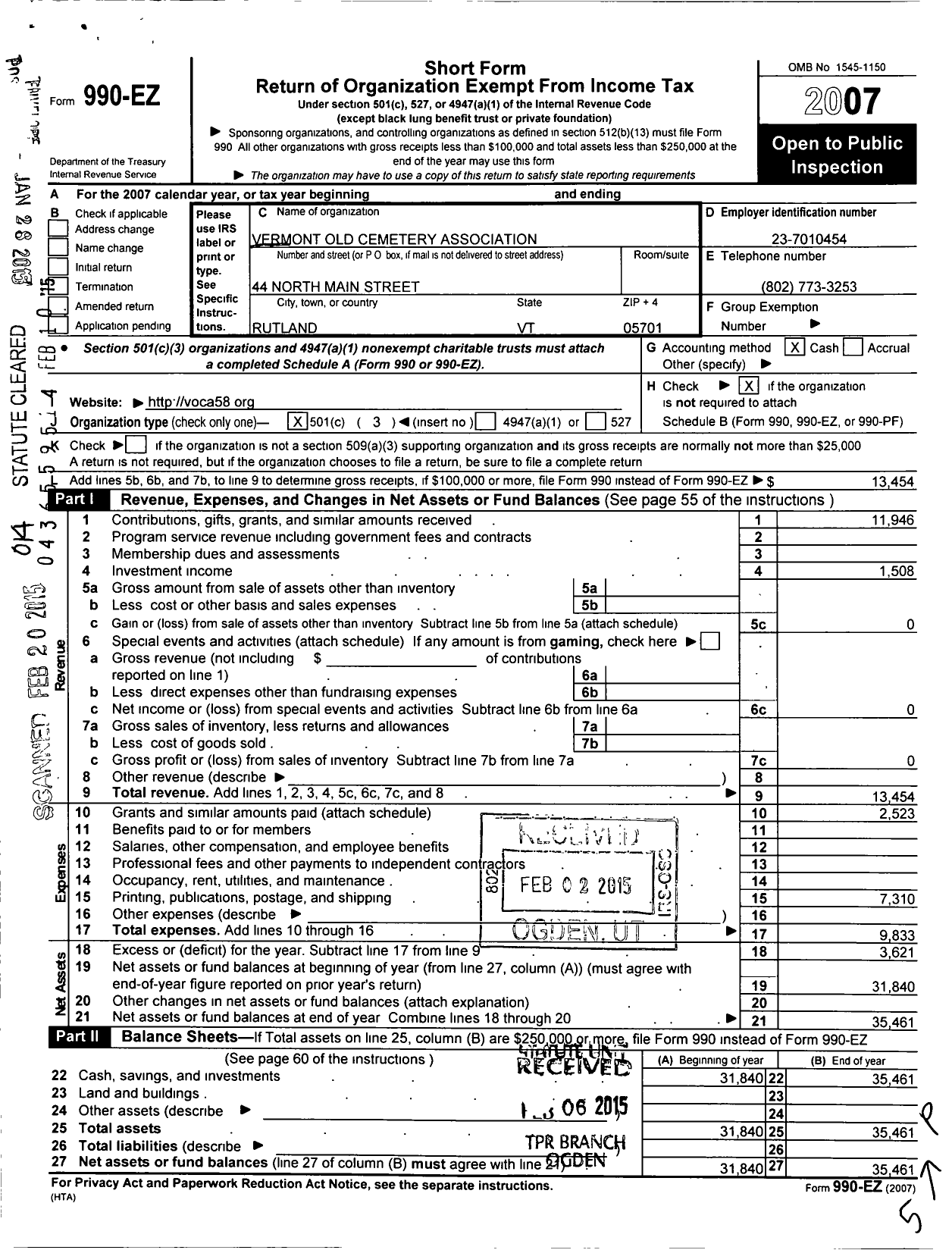 Image of first page of 2007 Form 990EZ for Vermont Old Cemetery Association