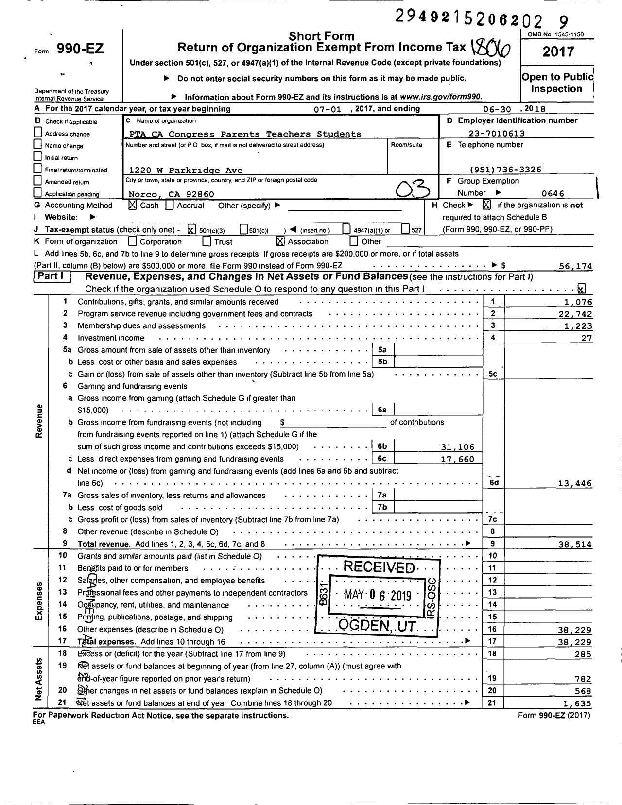 Image of first page of 2017 Form 990EZ for California State PTA - George Washington PTA