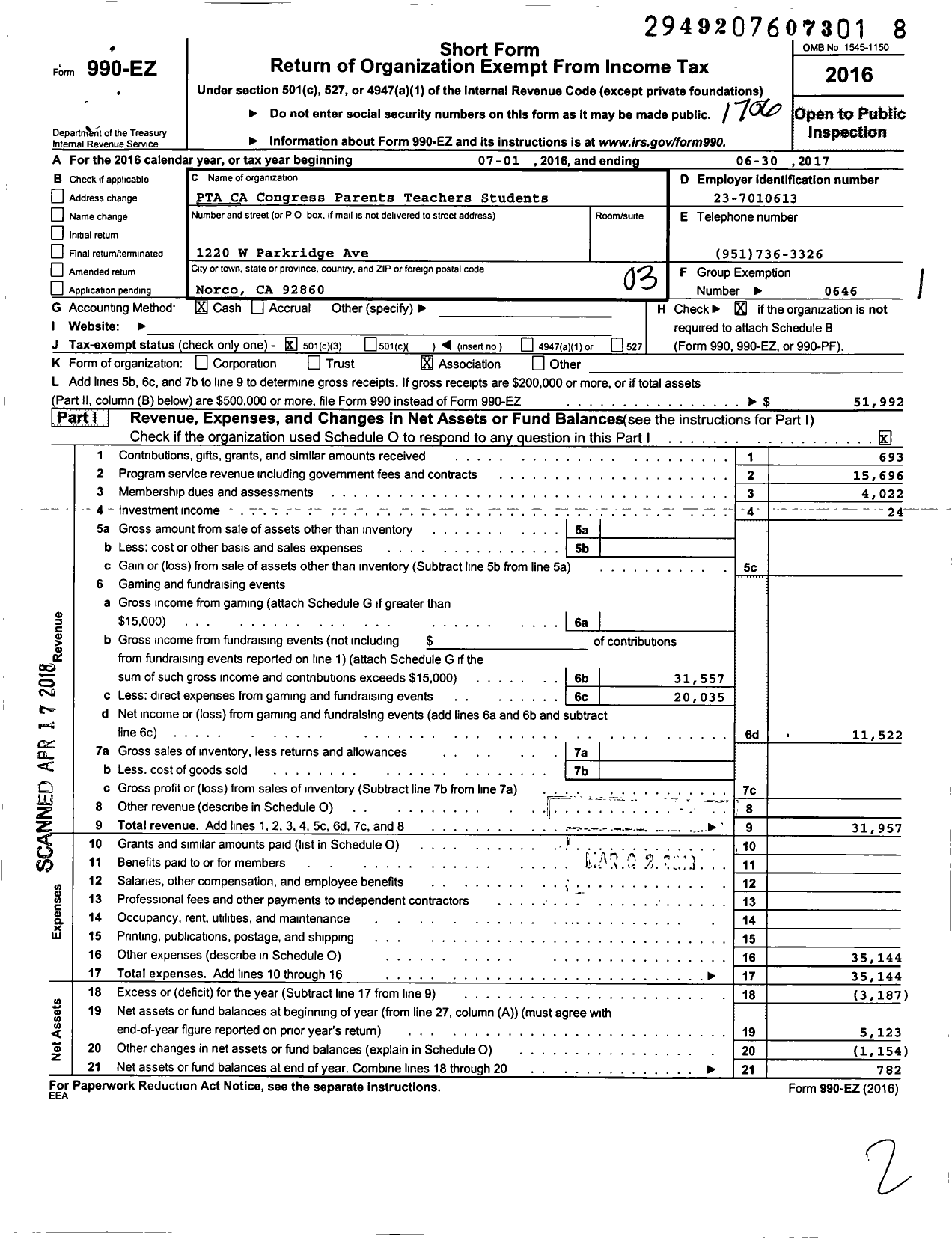 Image of first page of 2016 Form 990EZ for California State PTA - George Washington PTA