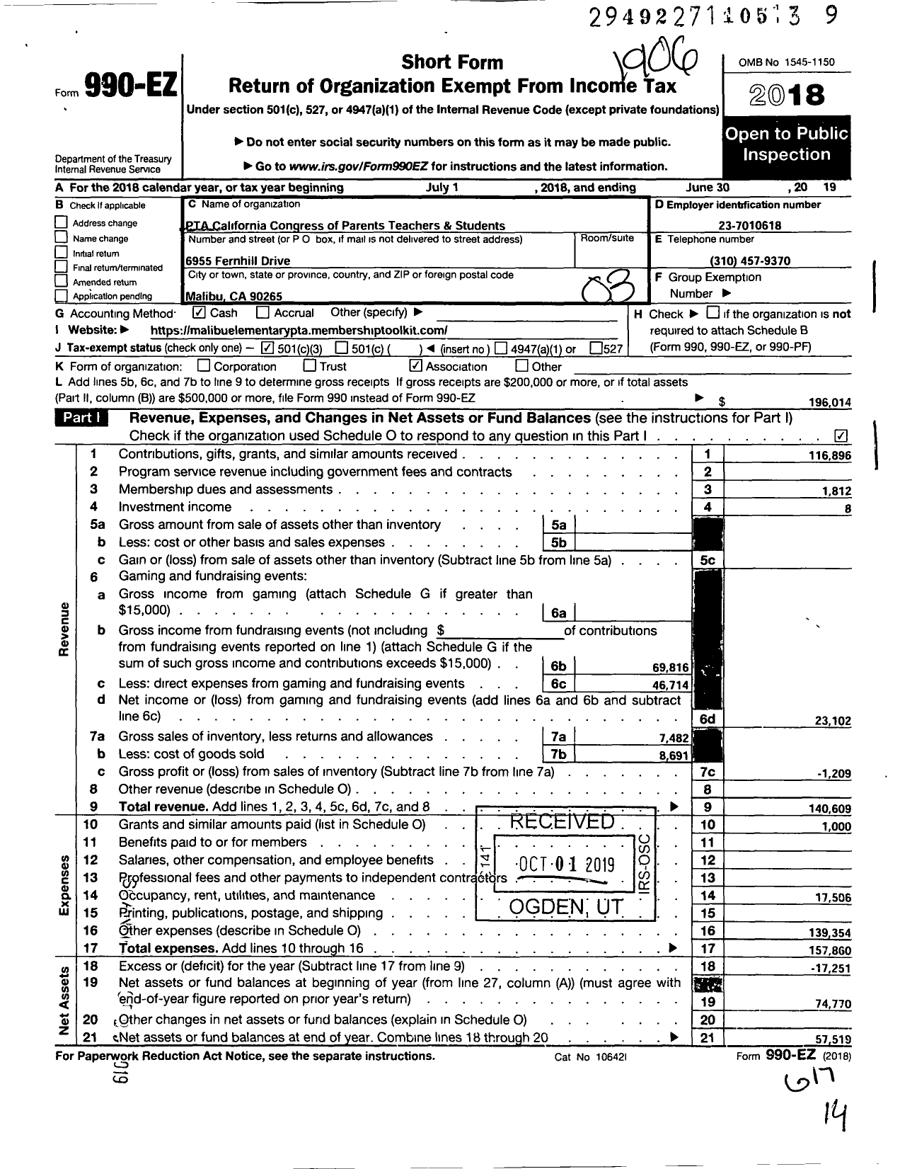 Image of first page of 2018 Form 990EZ for California State PTA - Malibu Elementary School PTA