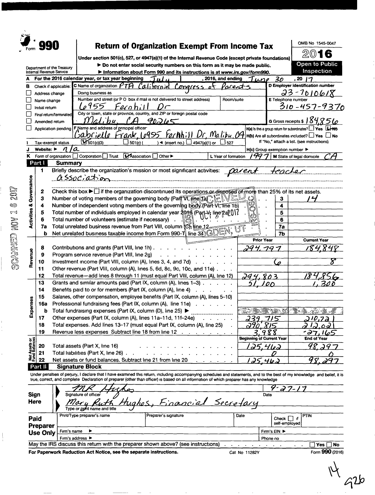 Image of first page of 2016 Form 990 for California State PTA - Malibu Elementary School PTA