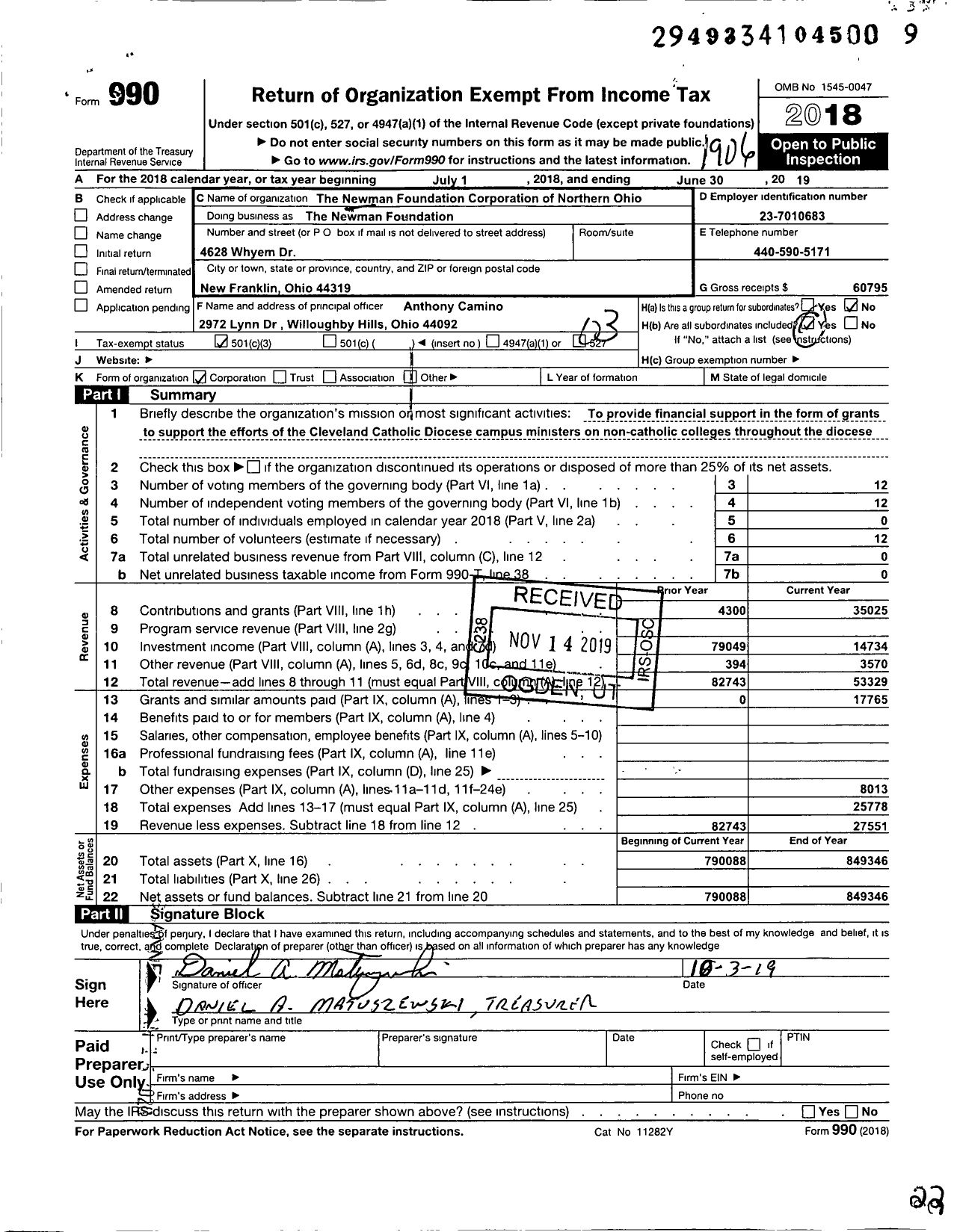 Image of first page of 2018 Form 990 for The Newman Foundation