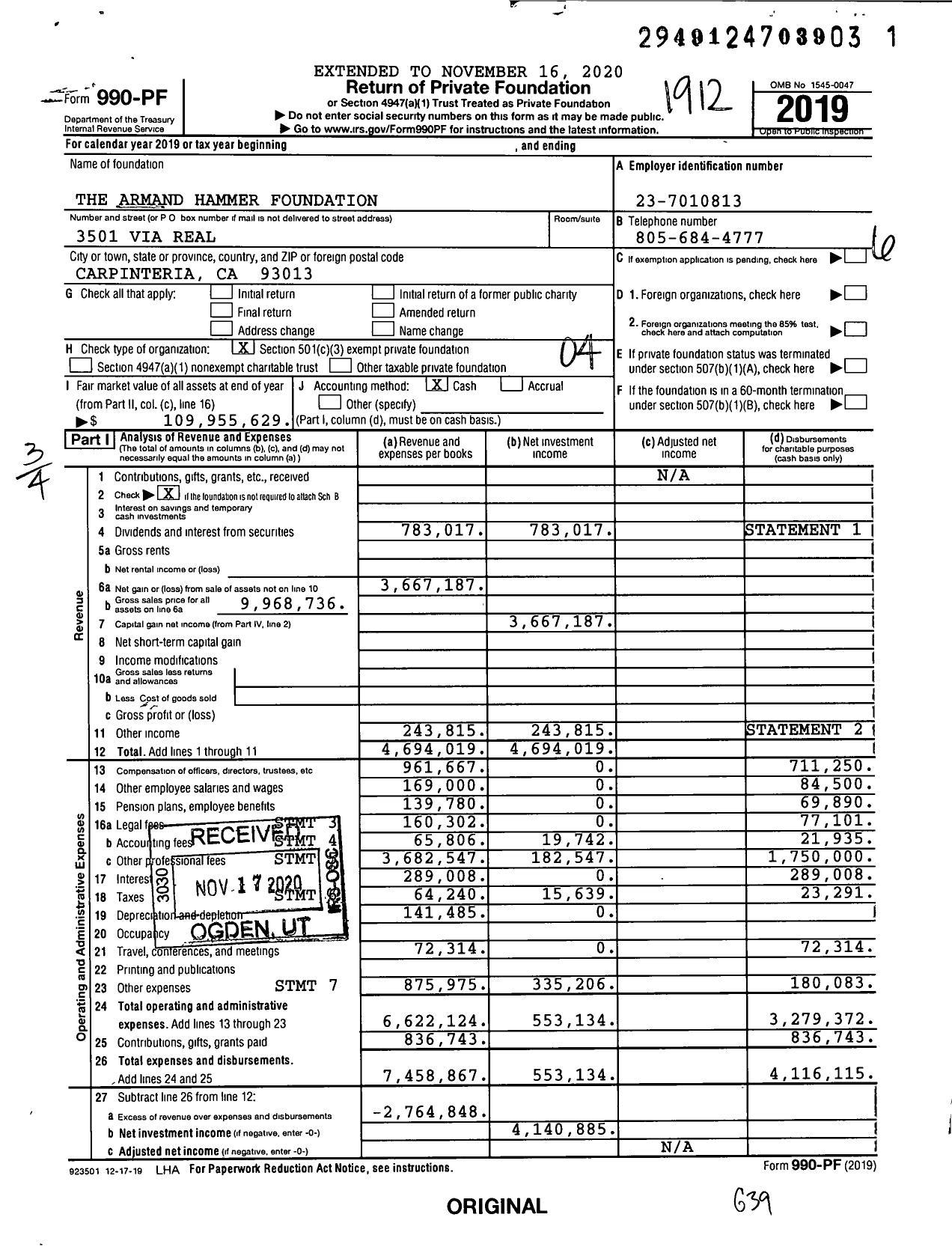 Image of first page of 2019 Form 990PF for The Armand Hammer Foundation