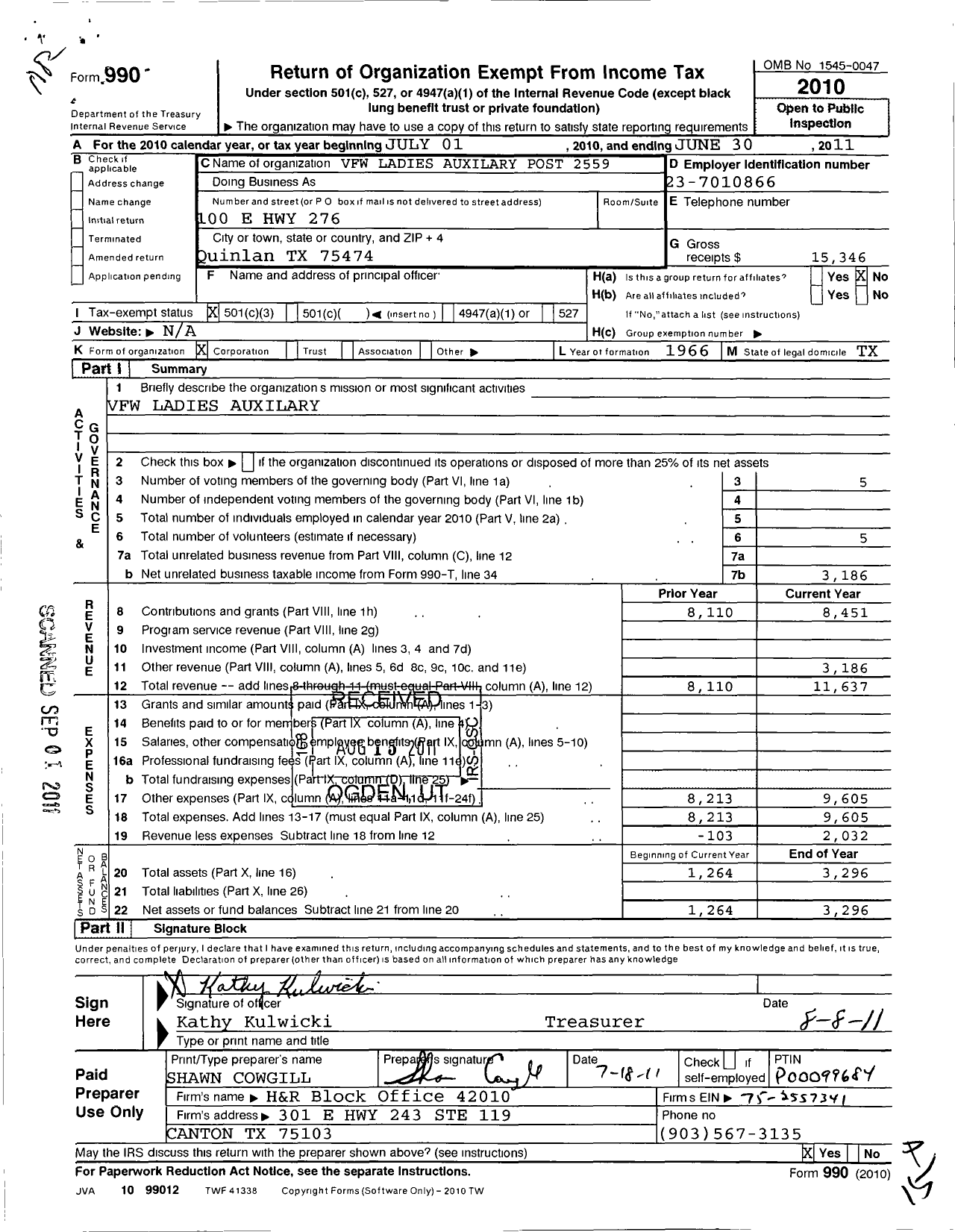 Image of first page of 2010 Form 990 for Veterans of Foreign Wars of the Us Dept of Texas Auxiliary - 2559 VFW Auxillary Post