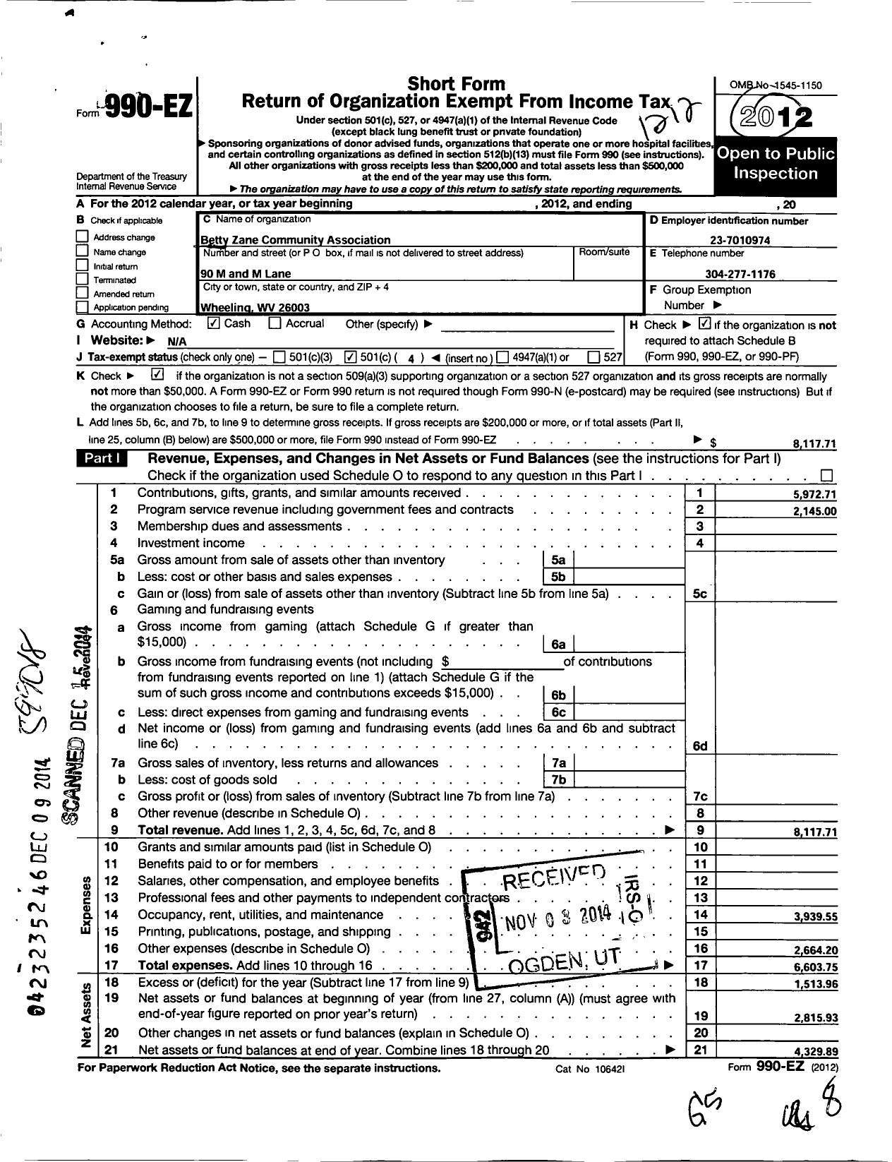 Image of first page of 2012 Form 990EO for Betty Zane Community Association