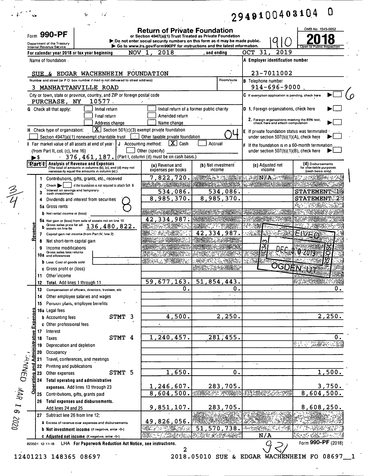 Image of first page of 2018 Form 990PR for Sue and Edgar Wachenheim Foundation
