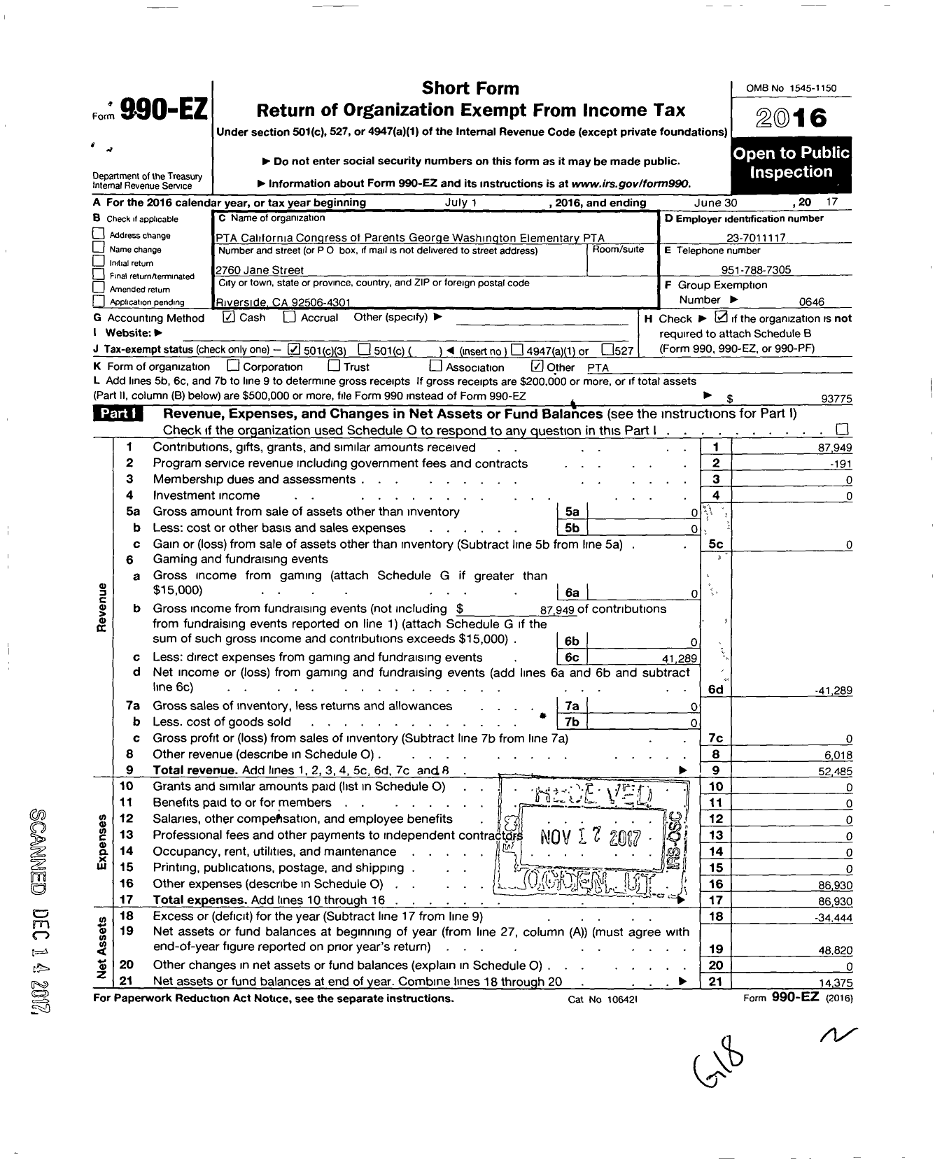 Image of first page of 2016 Form 990EZ for California State PTA - George Washington Elementary PTA