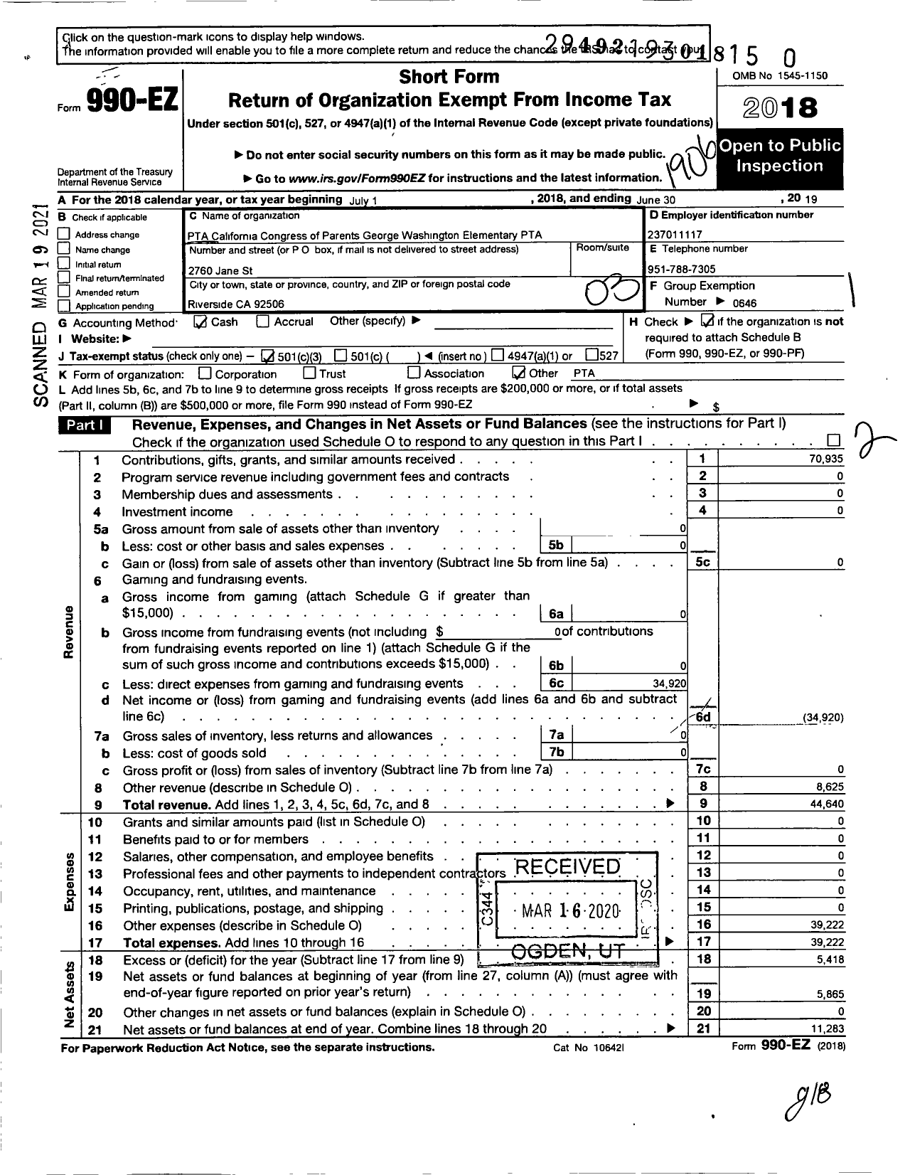 Image of first page of 2018 Form 990EZ for California State PTA - George Washington Elementary PTA