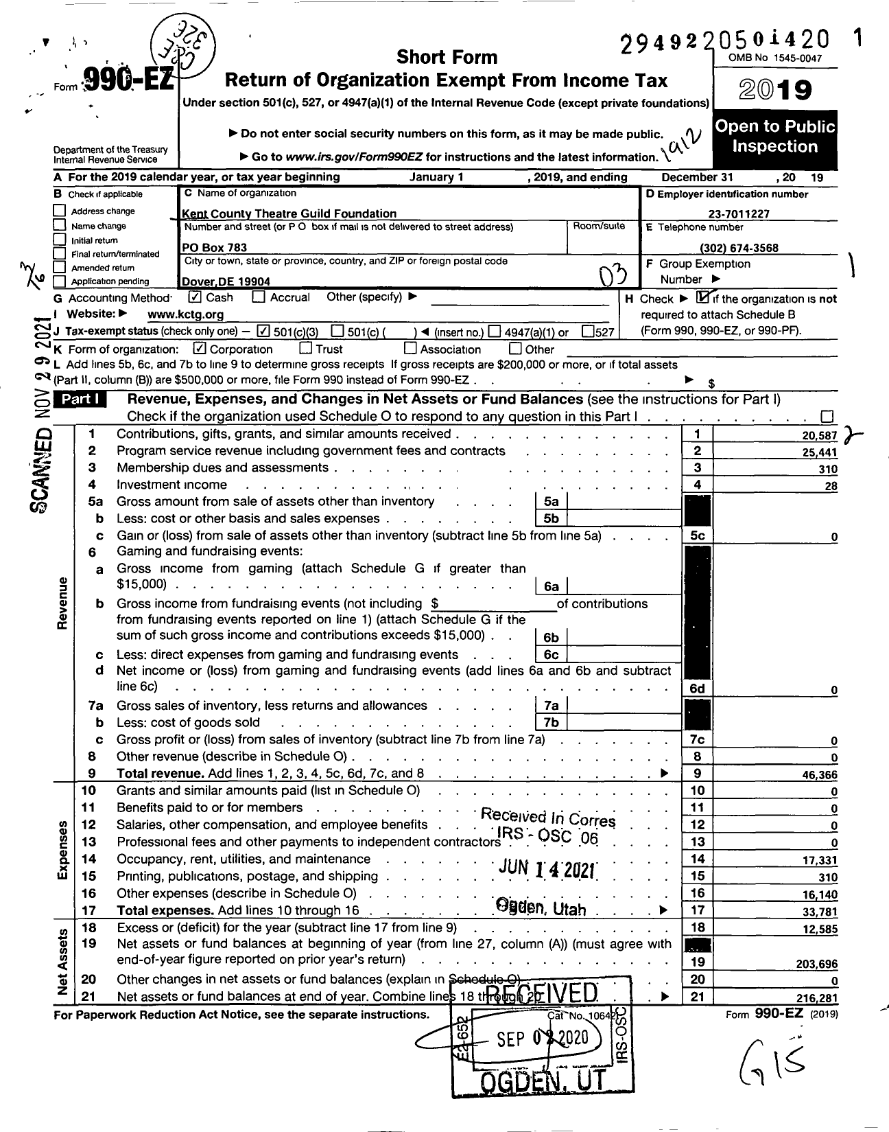 Image of first page of 2019 Form 990EZ for Kent County Theatre Guild