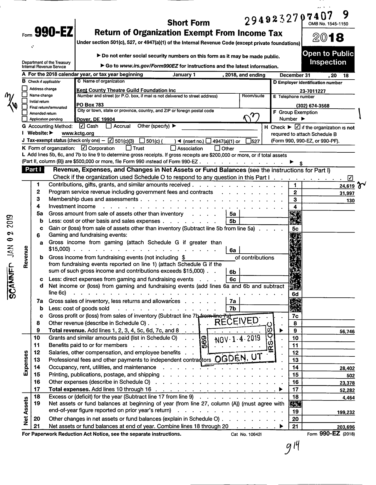 Image of first page of 2018 Form 990EZ for Kent County Theatre Guild