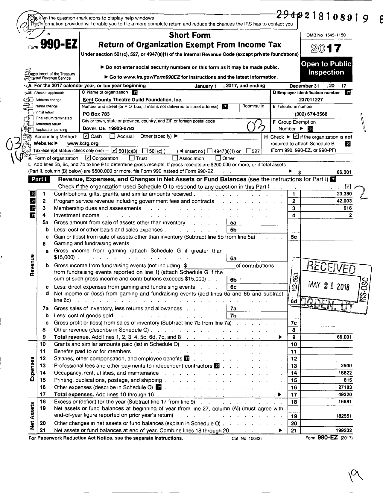 Image of first page of 2017 Form 990EZ for Kent County Theatre Guild