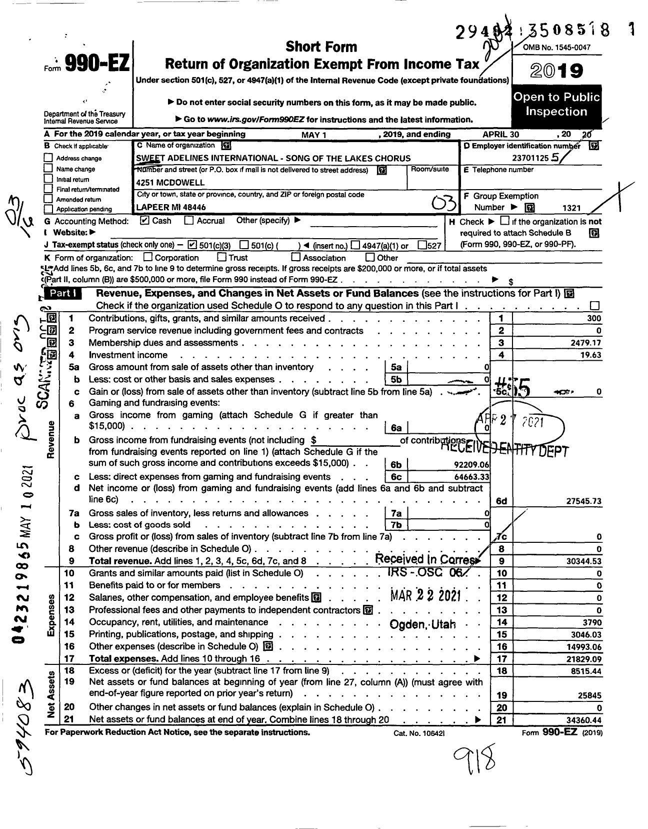 Image of first page of 2019 Form 990EZ for Sweet Adelines International - Song of the Lakes