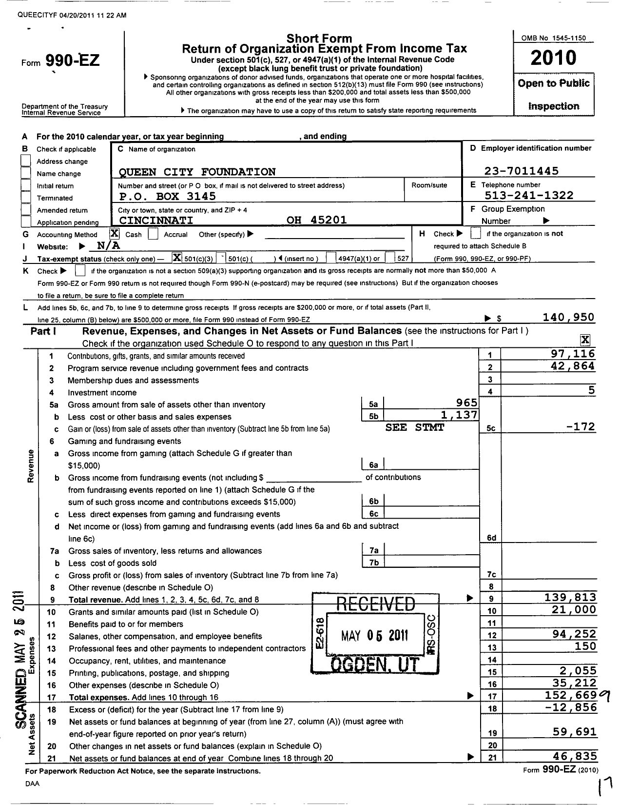Image of first page of 2010 Form 990EZ for Queen City Foundation