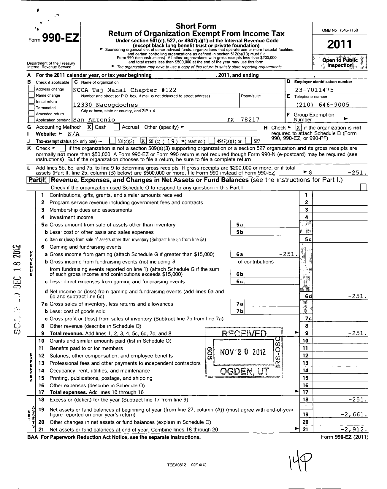 Image of first page of 2011 Form 990EO for Non Commissioned Officers Association of the U S of America - 122 Taj Mahal Chapter