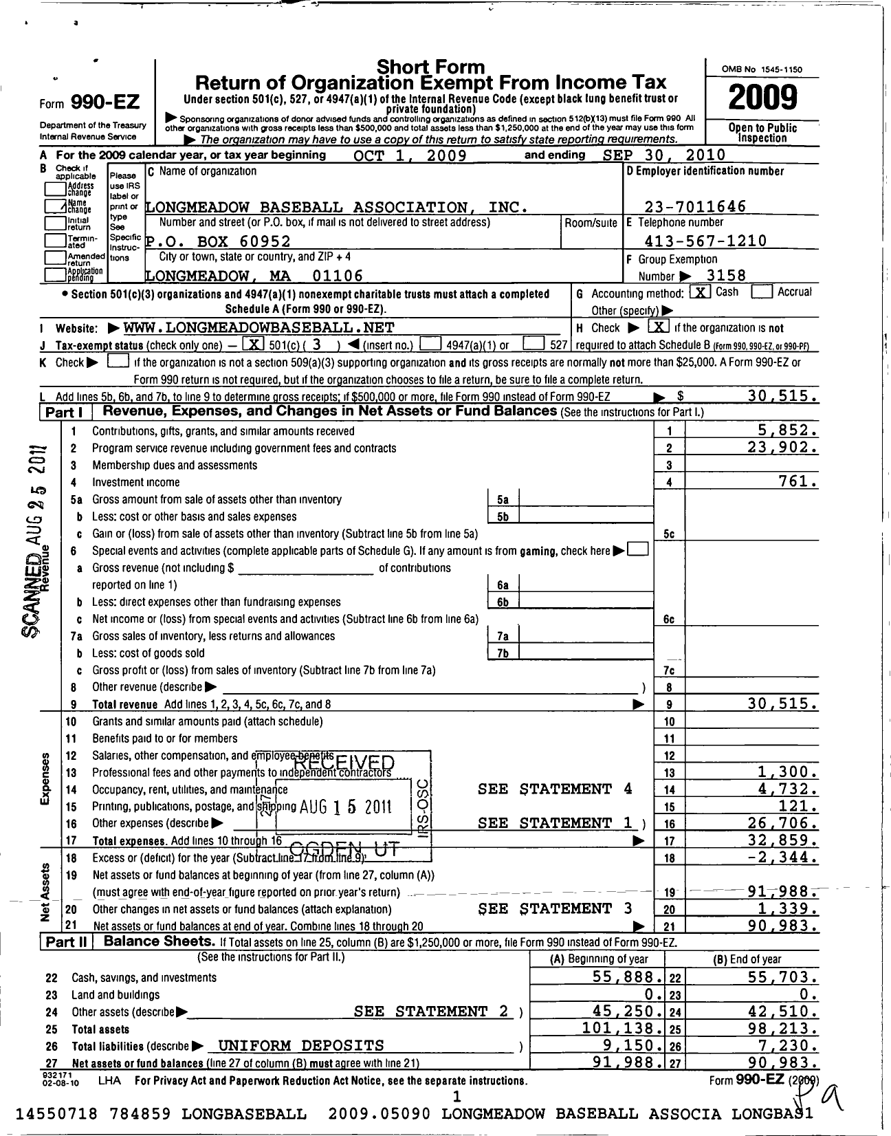 Image of first page of 2009 Form 990EZ for Longmeadow Baseball Association