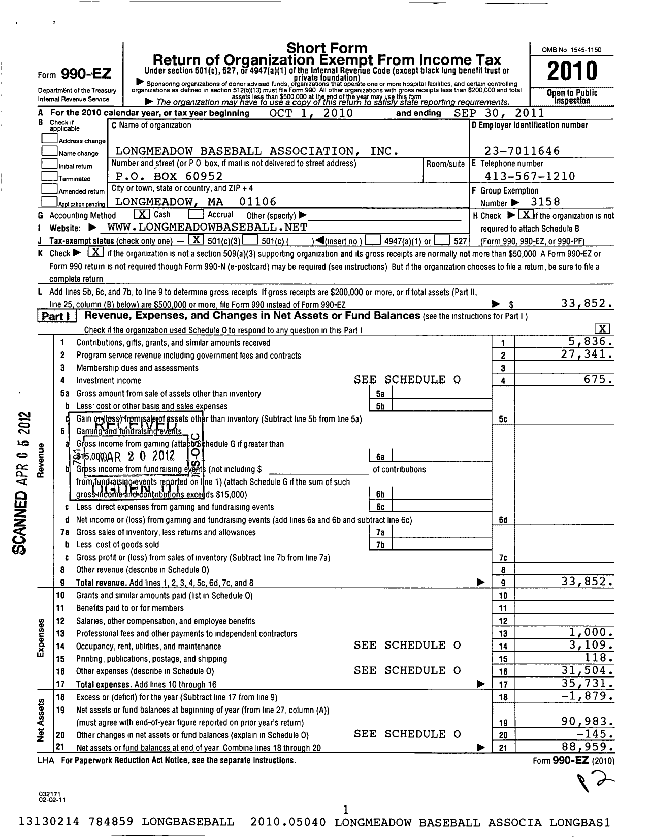 Image of first page of 2010 Form 990EZ for Longmeadow Baseball Association