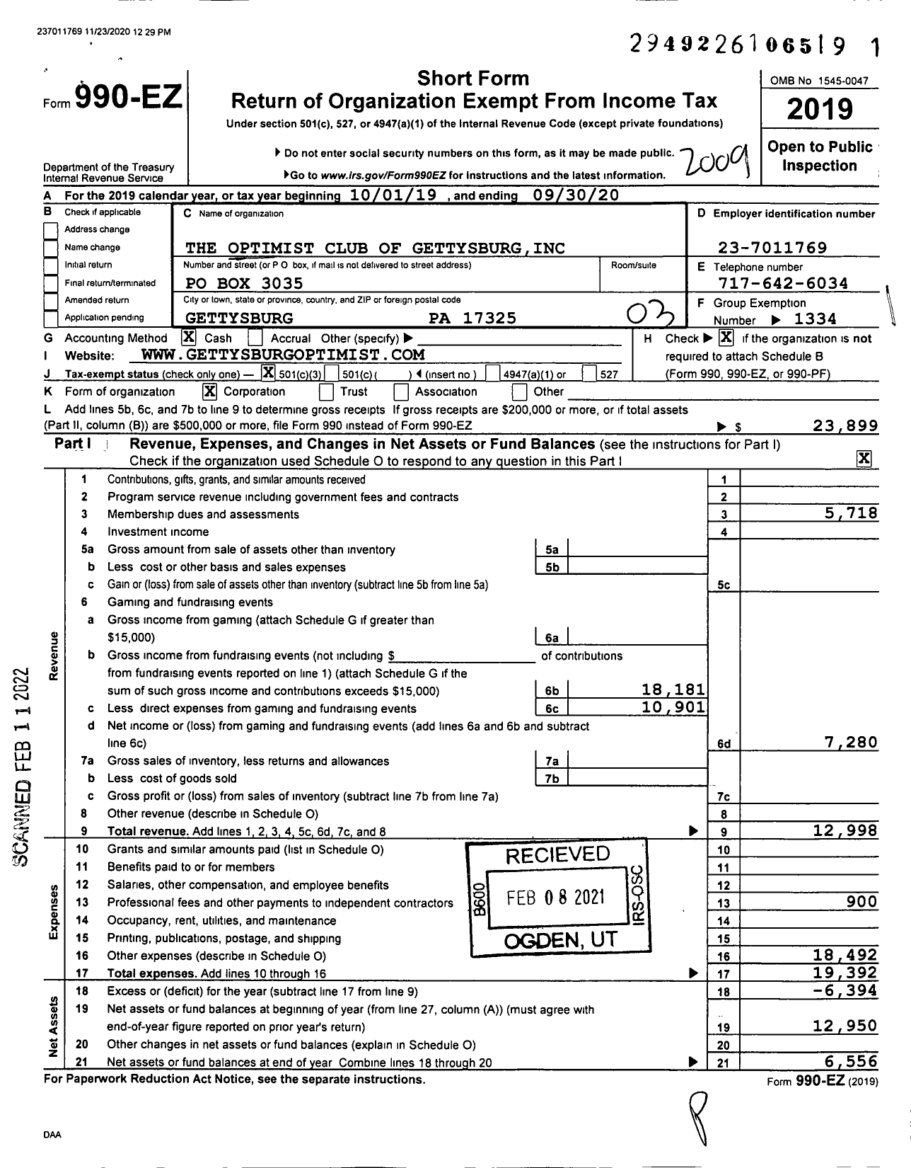 Image of first page of 2019 Form 990EZ for The Optimist Club of Gettysburg