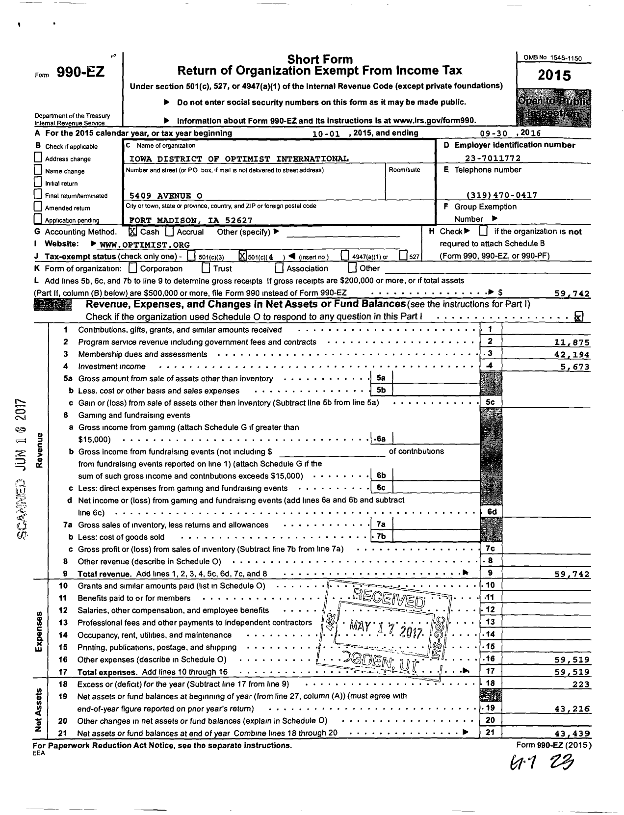 Image of first page of 2015 Form 990EO for Optimist International - 40999 Iowa District