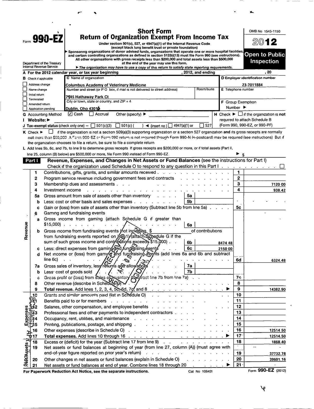 Image of first page of 2012 Form 990EO for Columbus Academy of Veterinary Medicine