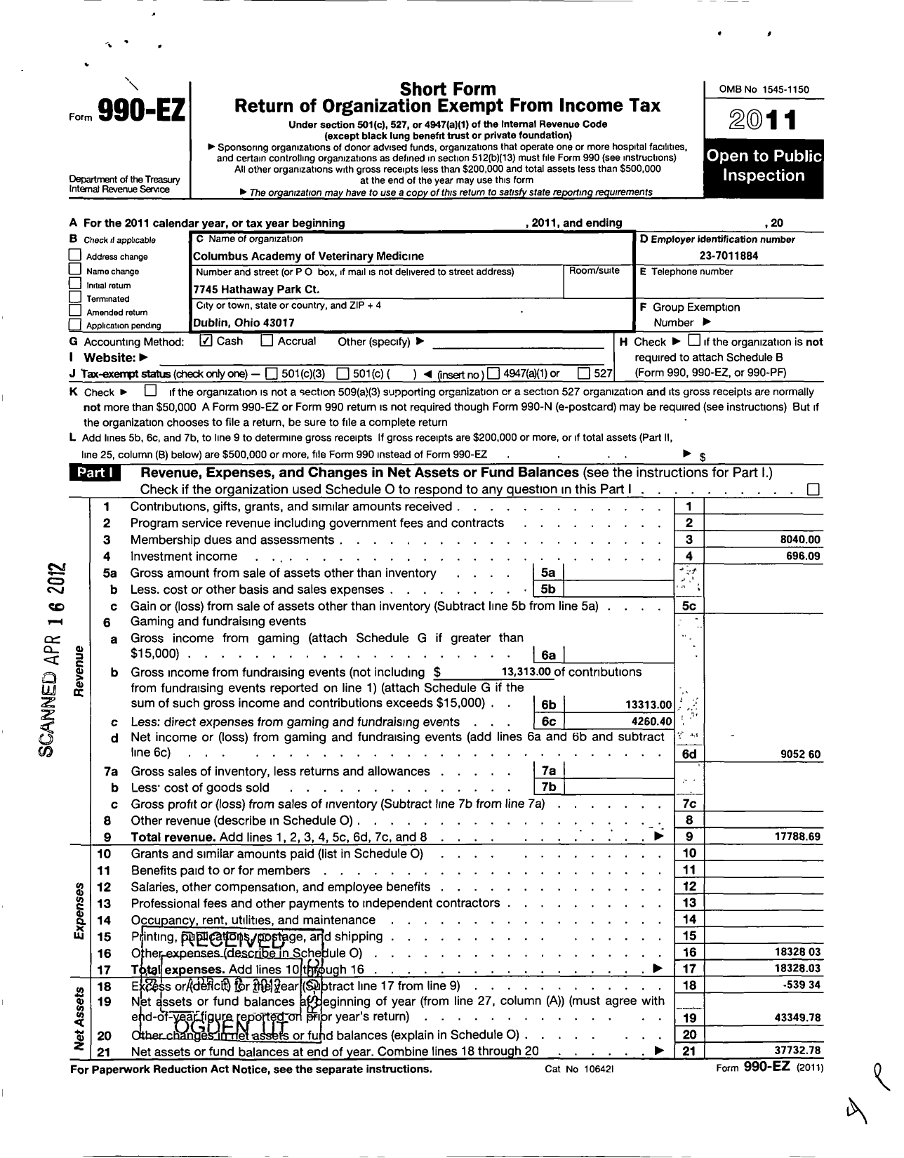 Image of first page of 2011 Form 990EO for Columbus Academy of Veterinary Medicine