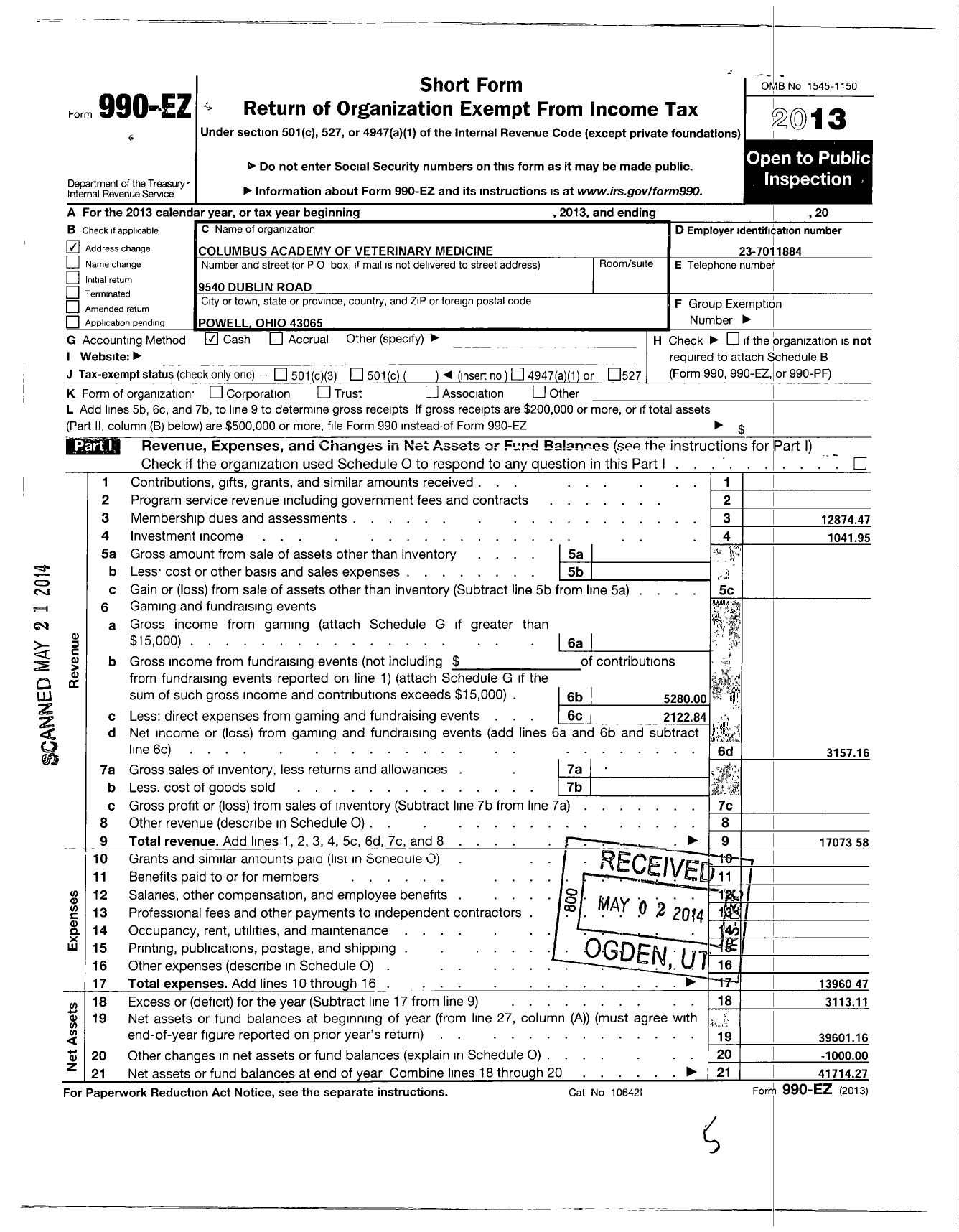 Image of first page of 2013 Form 990EO for Columbus Academy of Veterinary Medicine