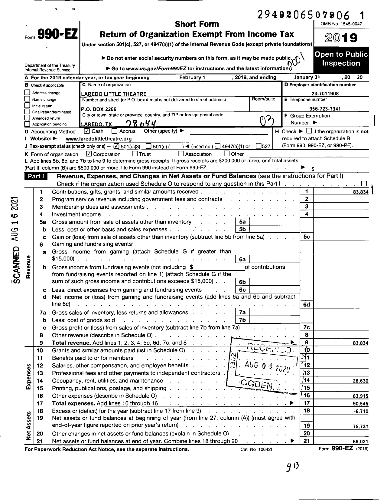 Image of first page of 2019 Form 990EZ for Laredo Little Theater