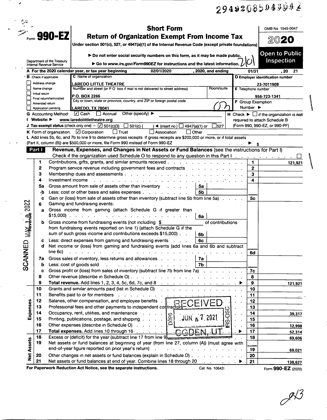 Image of first page of 2020 Form 990EZ for Laredo Little Theater