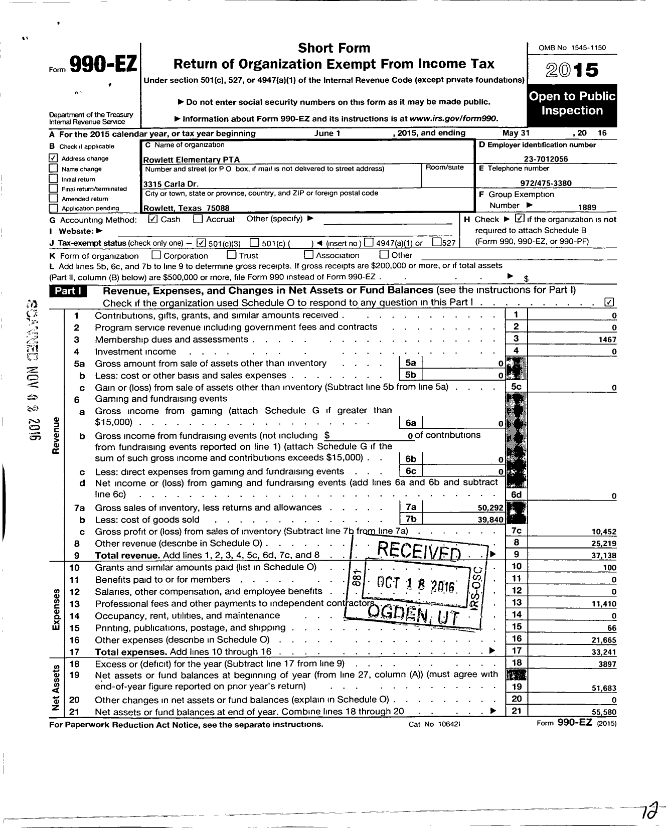 Image of first page of 2015 Form 990EZ for Texas PTA - Rowlett Elementary