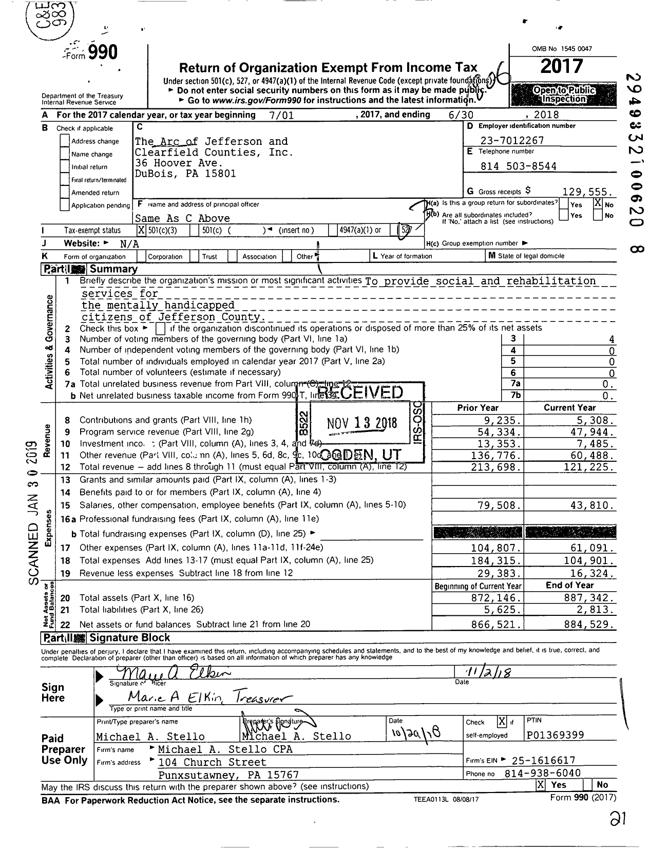 Image of first page of 2017 Form 990 for The Arc of Jefferson and Clearfield Counties