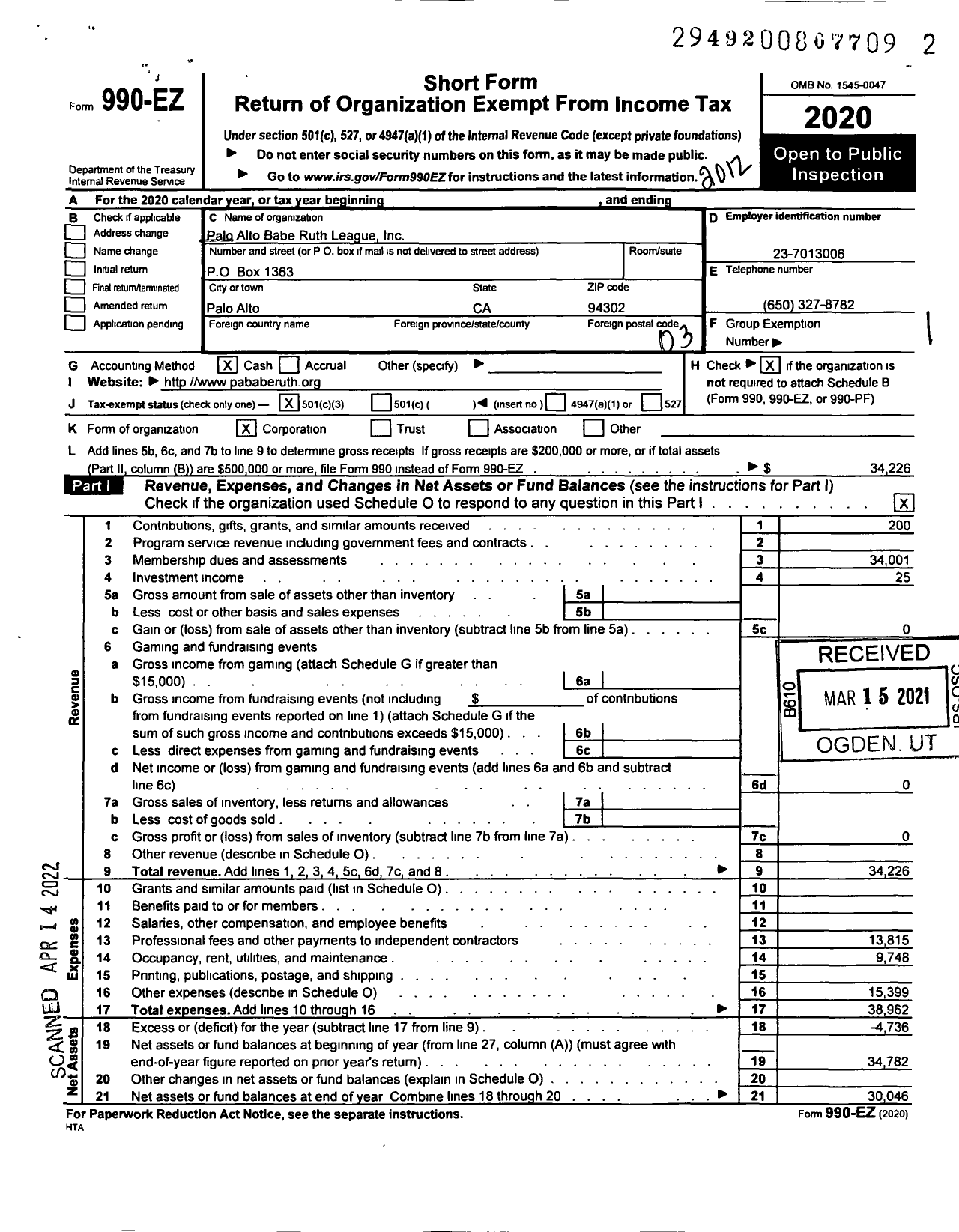 Image of first page of 2020 Form 990EZ for Palo Alto Babe Ruth League