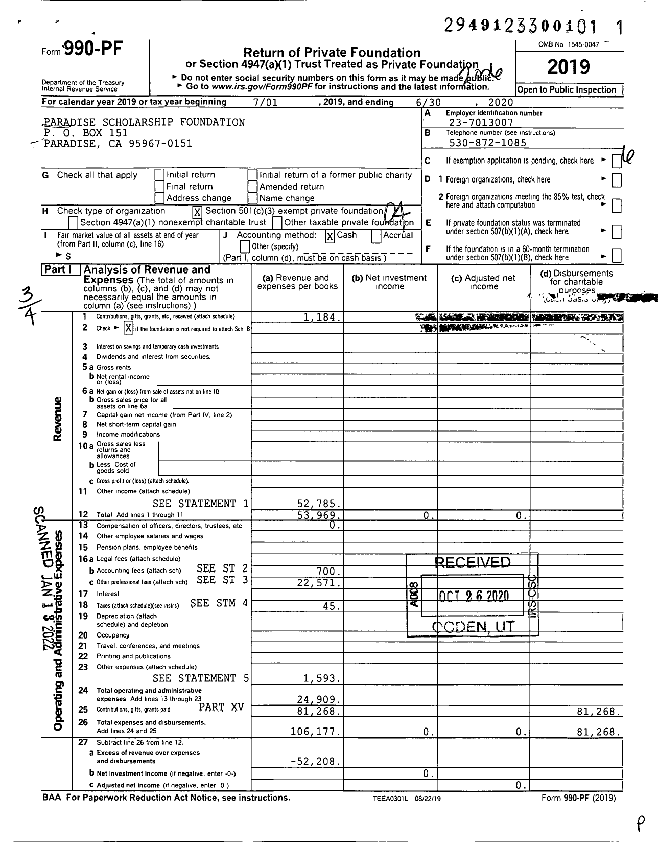 Image of first page of 2019 Form 990PF for Paradise Scholarship Foundation