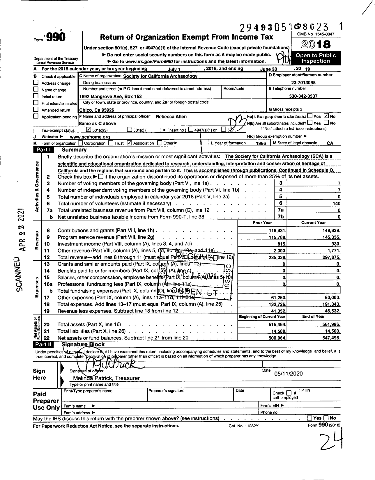 Image of first page of 2018 Form 990 for Society for California Archaelogy