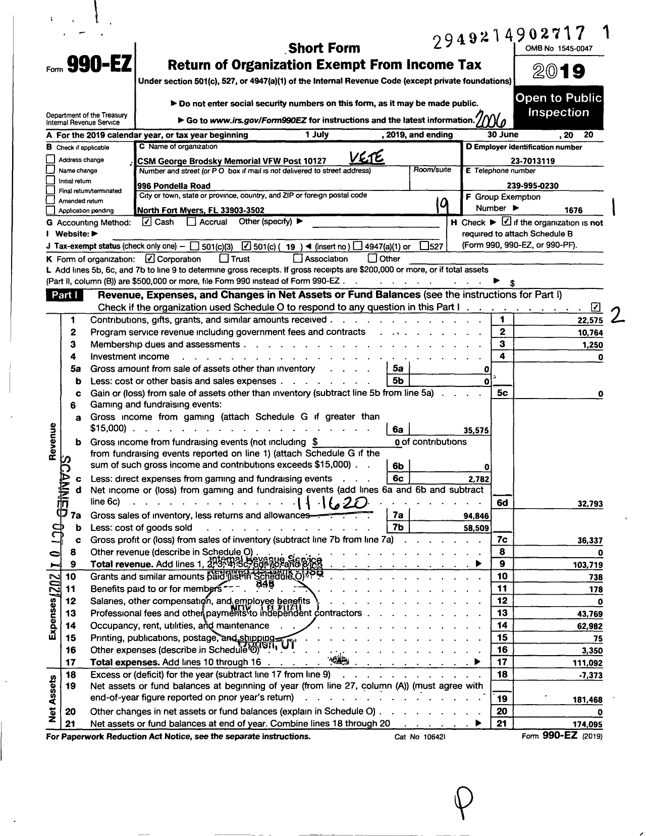 Image of first page of 2019 Form 990EO for CSM George Brodsky Memorial Post 10127