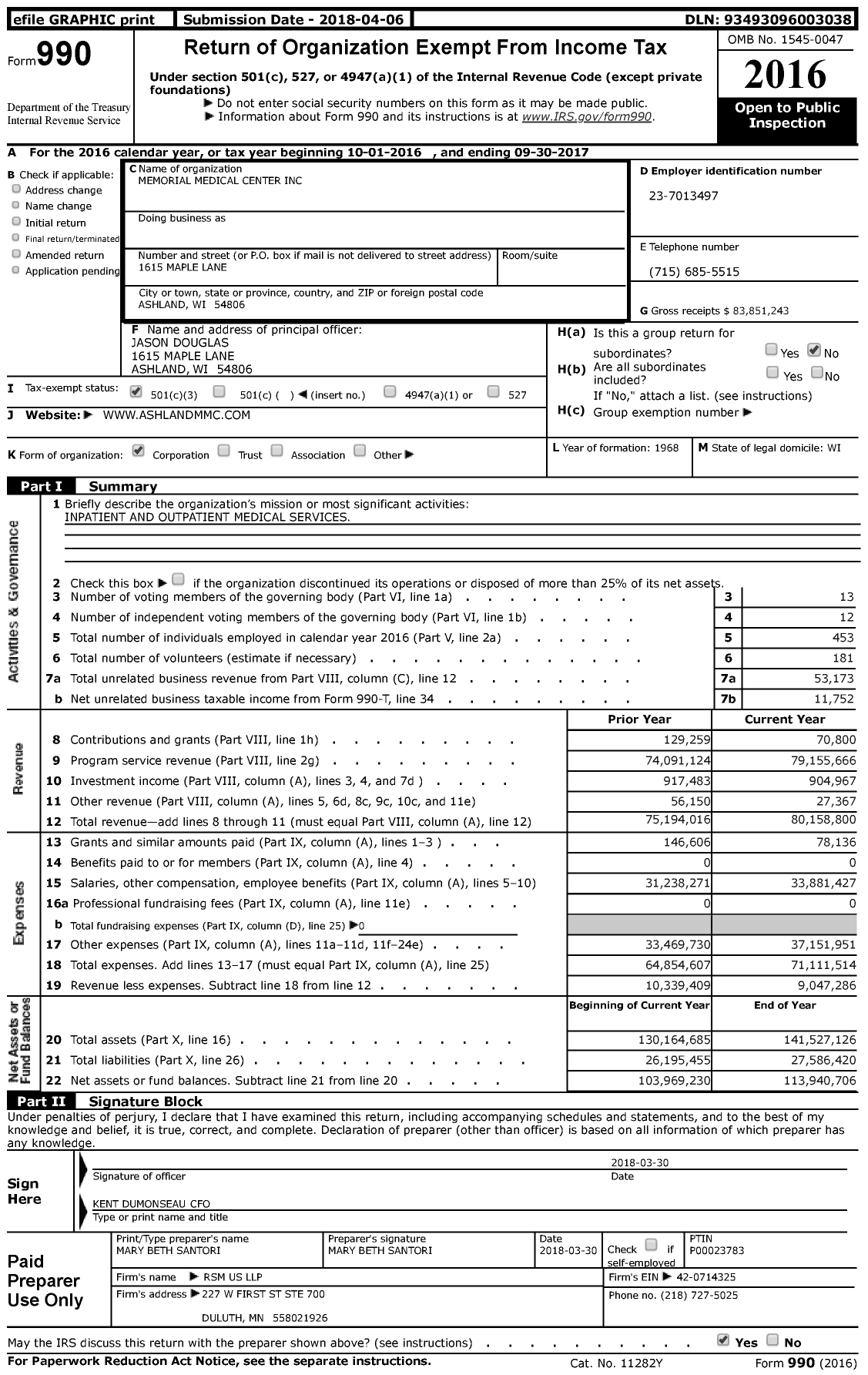 Image of first page of 2016 Form 990 for Memorial Medical Center (MMC)
